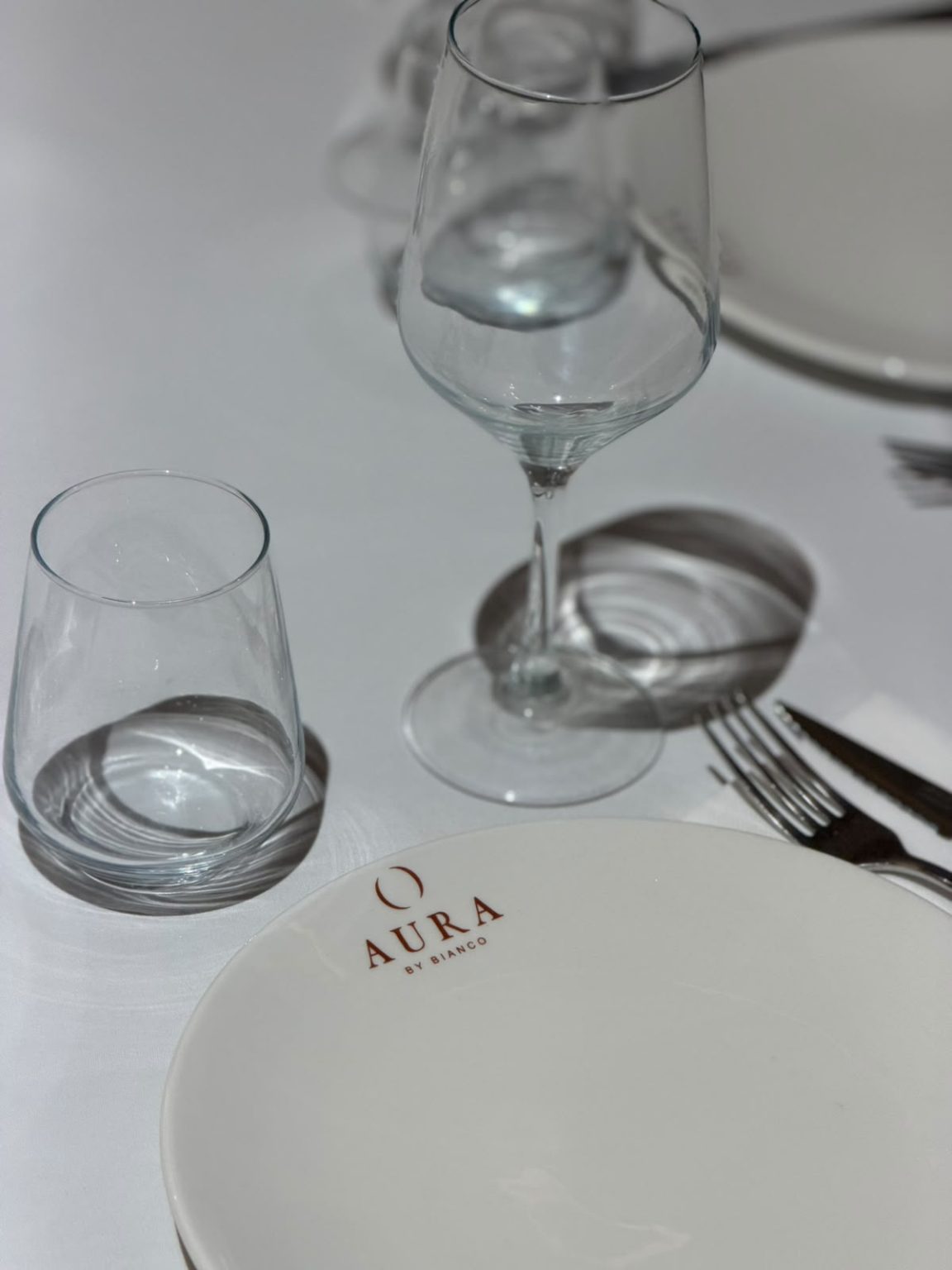 Glasses and plate with the AURA by Bianco logo