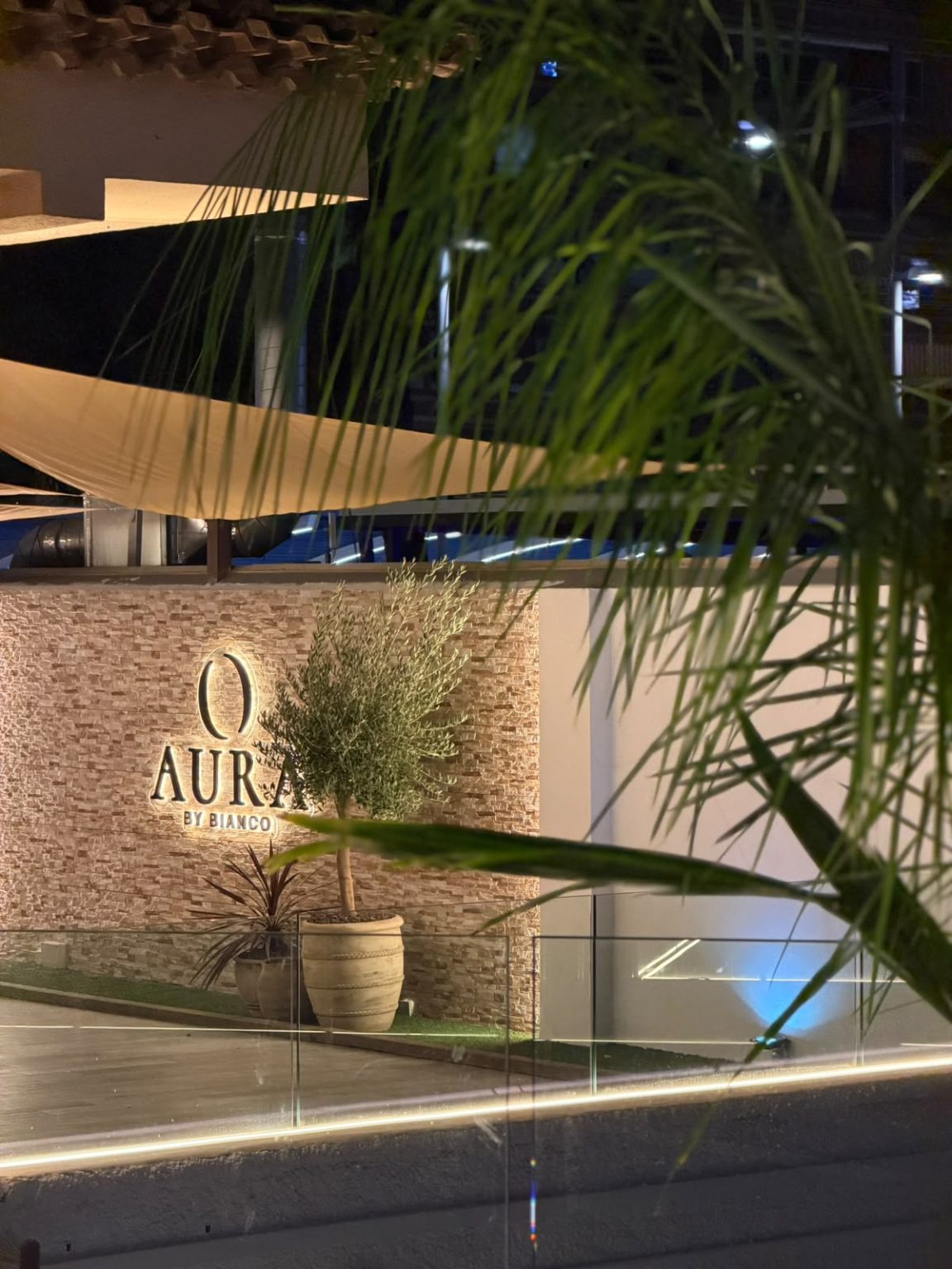 AURA by Bianco entrance at night on Paseo Vistalegre, Torrevieja